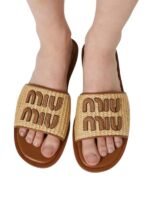 Miu Miu Raffia-effect woven Beig slides - Image 5